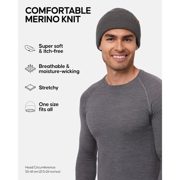 Men's Grey Merino Wool Fitted Stretch Beanie Stretchy Fisherman Beanie Cap - Picture 2 of 6